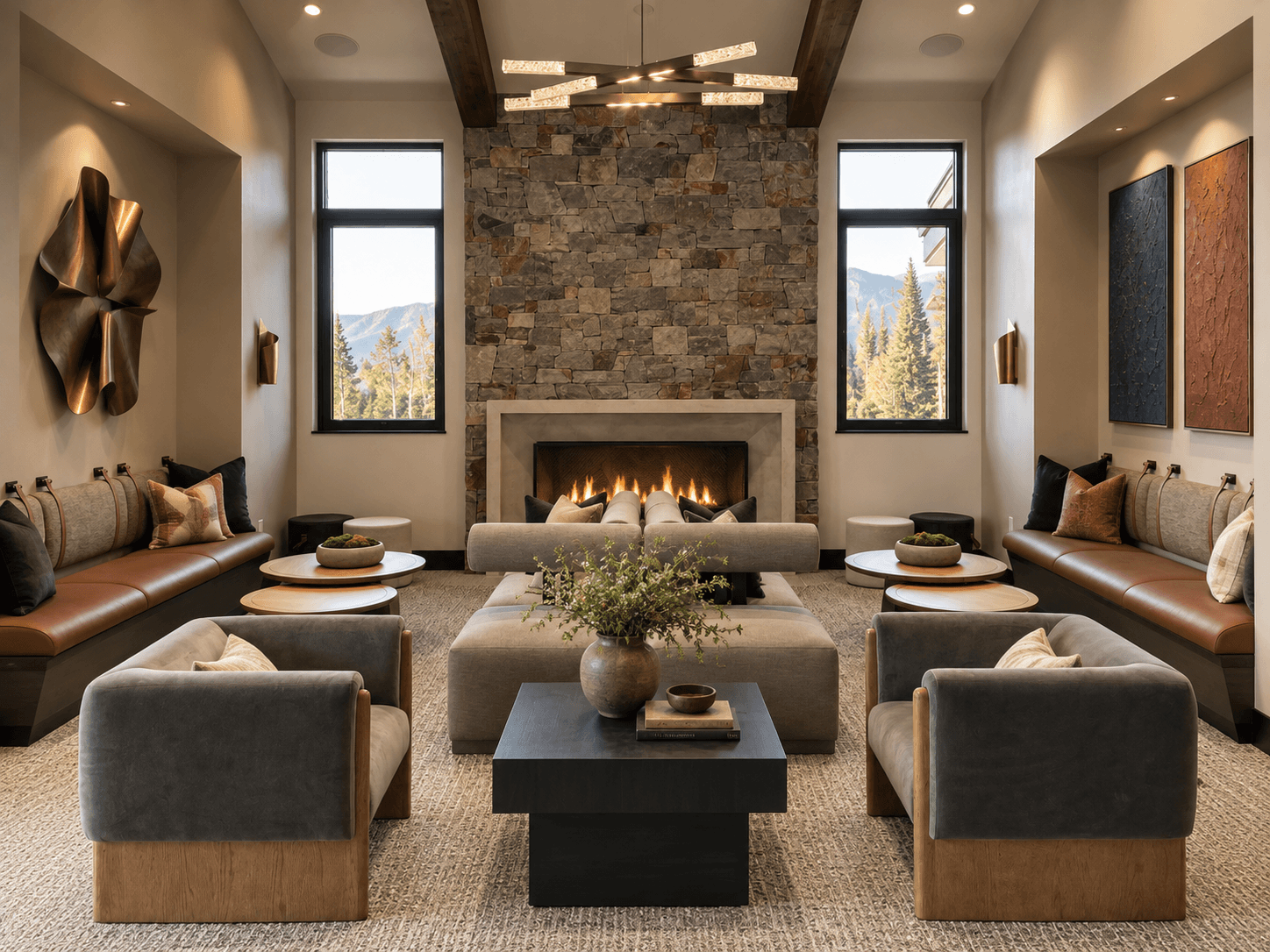 Nesting Tables Nesting tables in a lounge with a stone fireplace