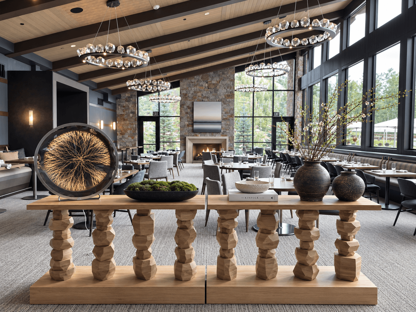 Sculptural Console Sculptural wooden console with carved geometric supports