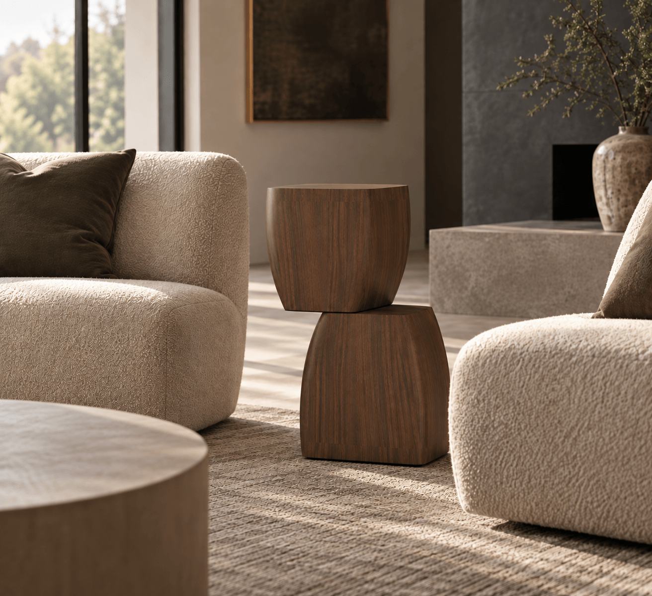 Stack Table Sculptural wooden stack table between lounge chairs