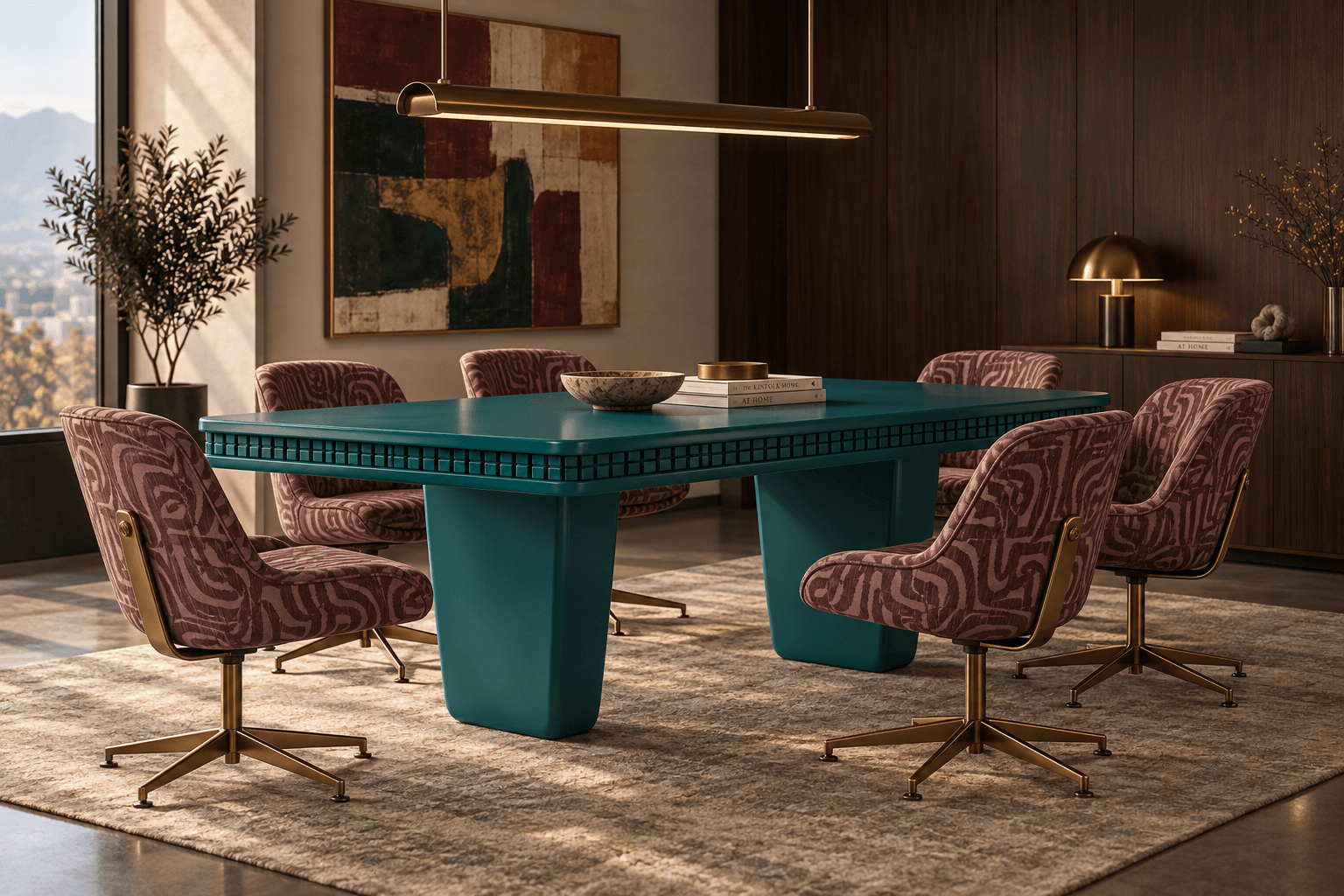 Stub Table Teal dining table with patterned upholstered chairs